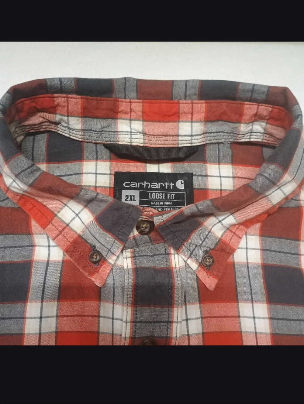 Carhartt Mens 2XL Orange Red and Gray Plaid Button-Down Shirt - Picture 2 of 8
